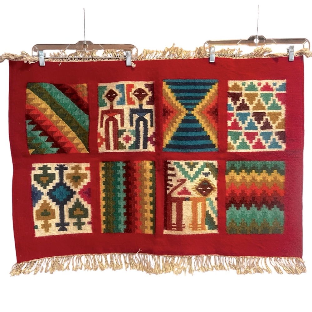 Tunisian Tribal Wool Rug|Tapestry Vintage Hand Crafted Textile Art|Red Bohemian